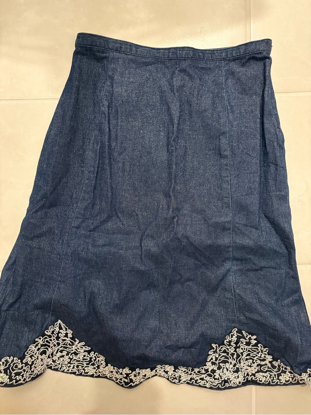 Miss KG Navy Denim A-Line Skirt with White Embroidered Hem